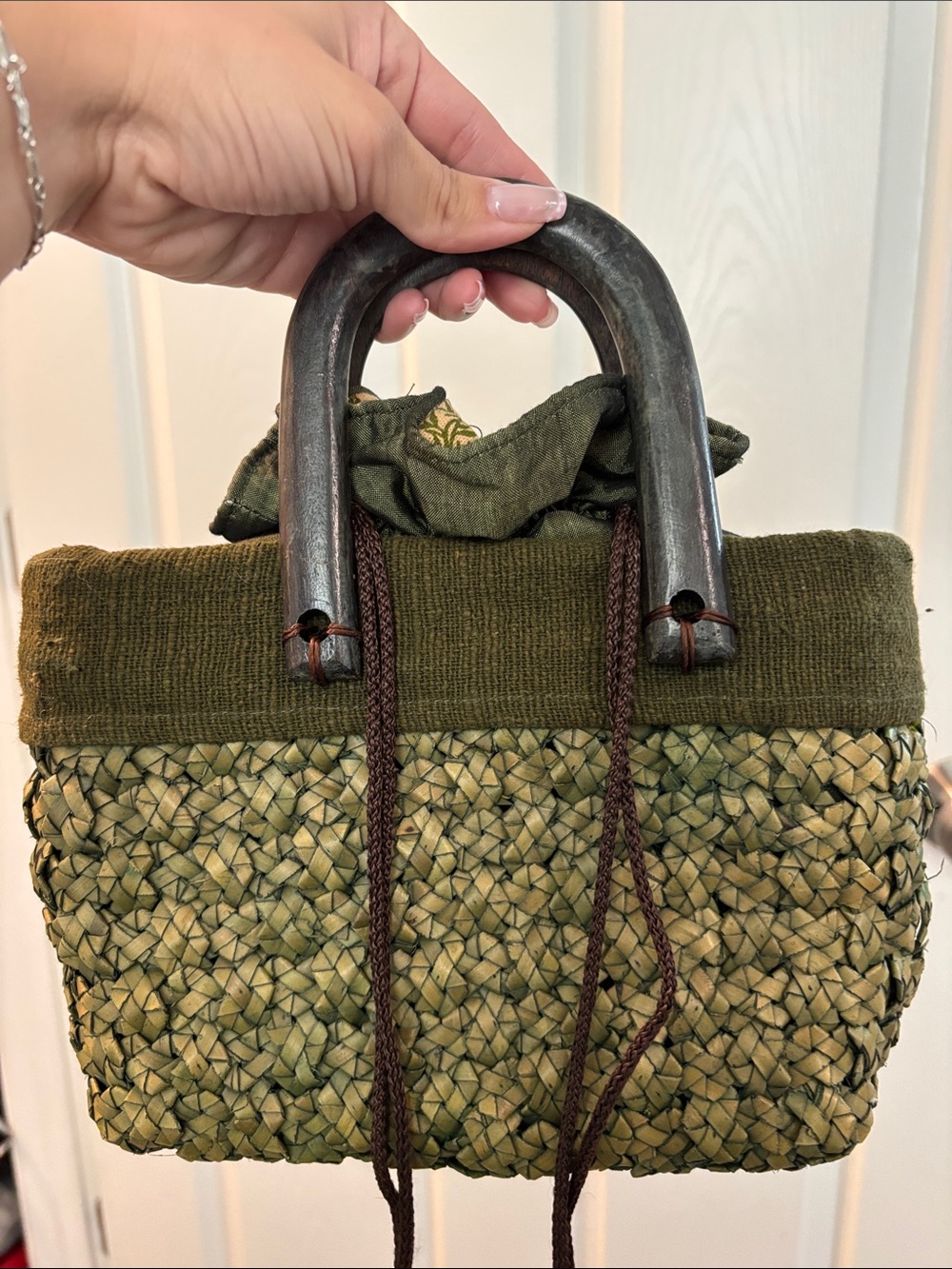 Olive Green Woven Top-Handle Women’s Bag - Picture 1 of 7